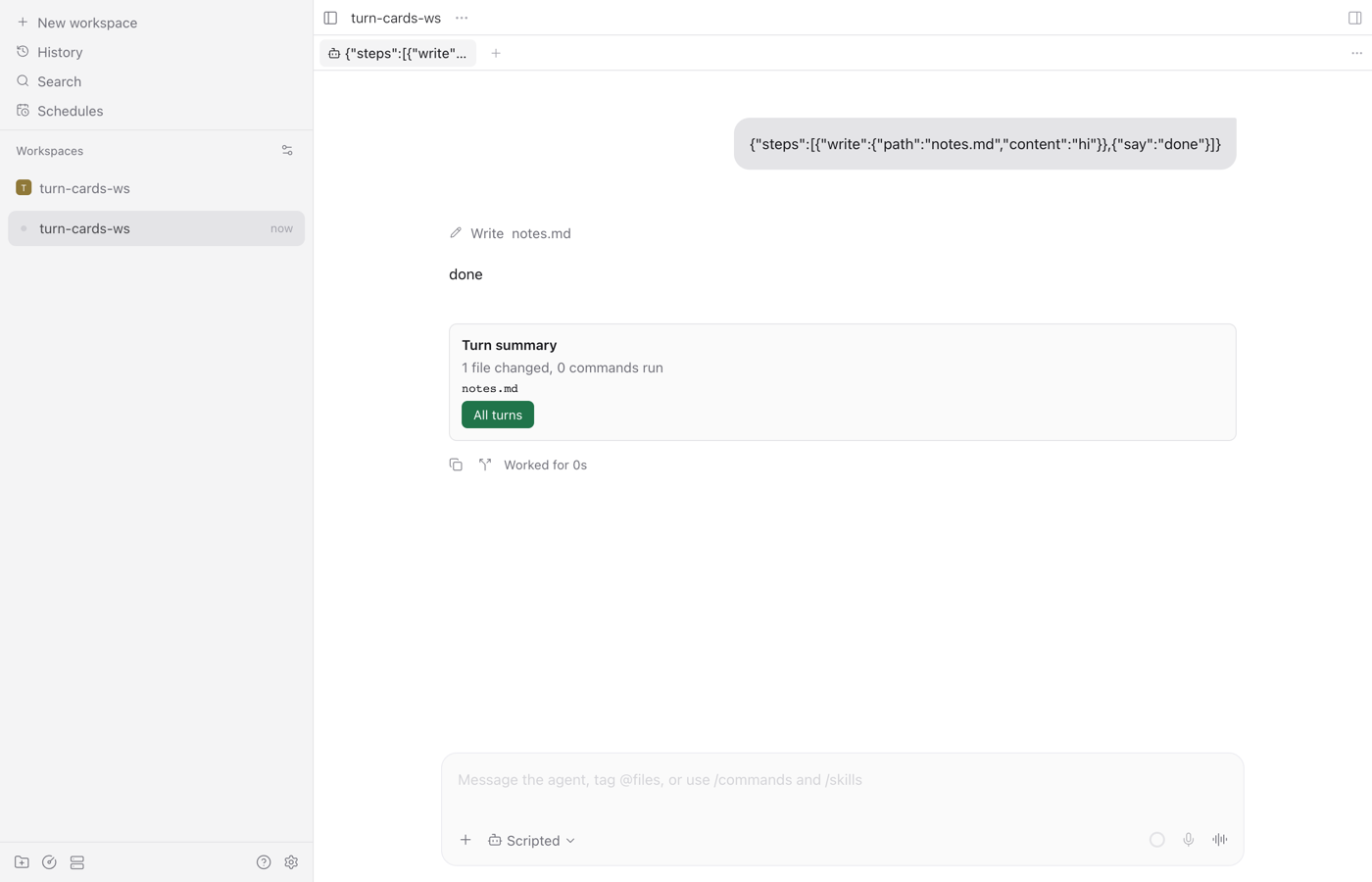 A fake agent turn in the Paseo web UI: the Write notes.md tool call, the reply 'done', and below it the plugin's Turn summary card with '1 file changed, 0 commands run', notes.md and an All turns button.